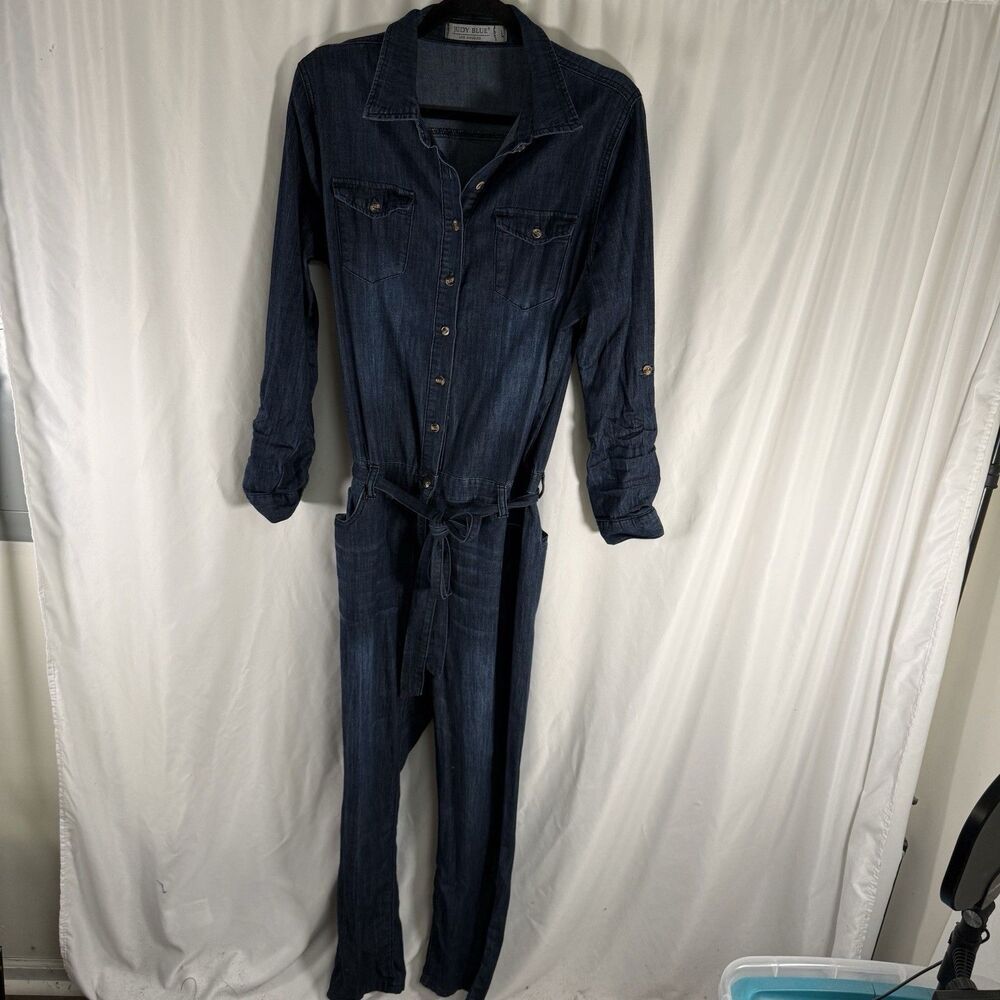 Judy Blue Cambray Jumpsuit Womens Large Dark Blue Button Up Long Sleeve Collared